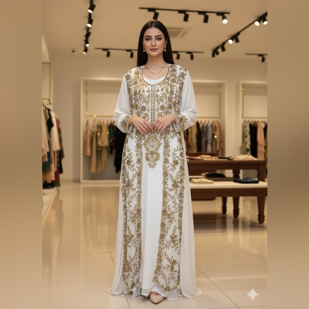 Elegant Gold Embroidered White kaftan